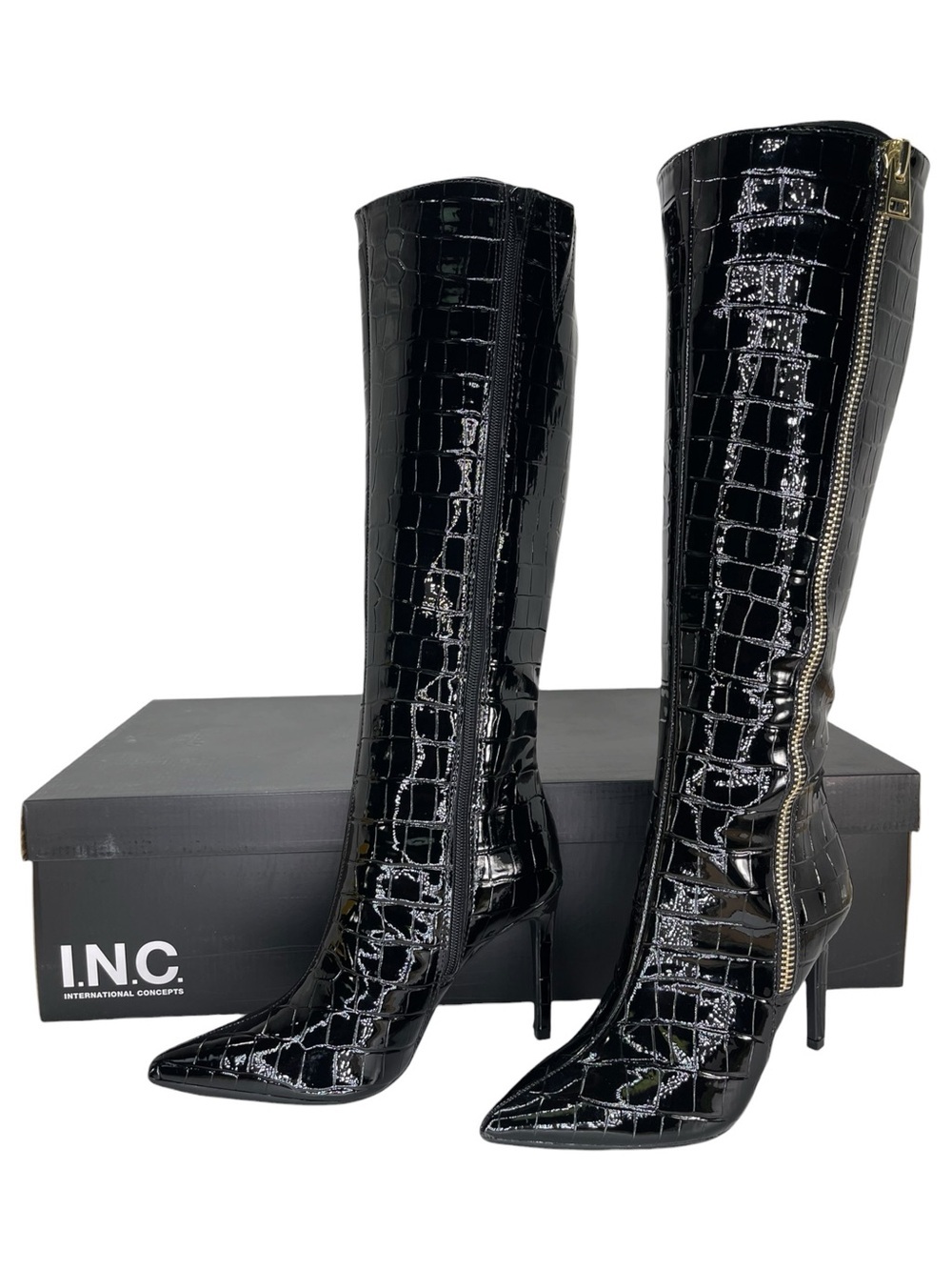 INC Sabrinaa Black Croco Patent Leather Knee High Heeled Womens Boots Size 7M